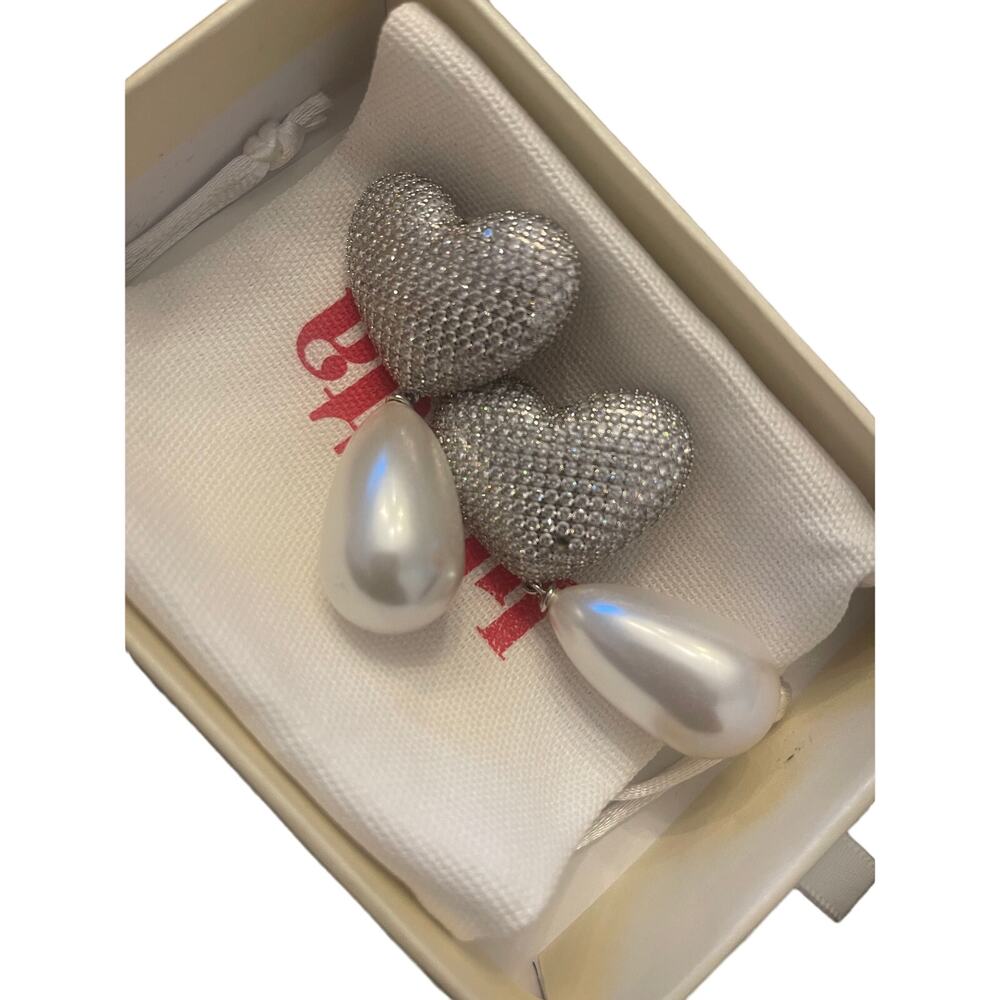 Julietta Frances Pearl Crystal Heart Clip Earrings Dangle Drop Metallic Silver - Picture 5 of 6